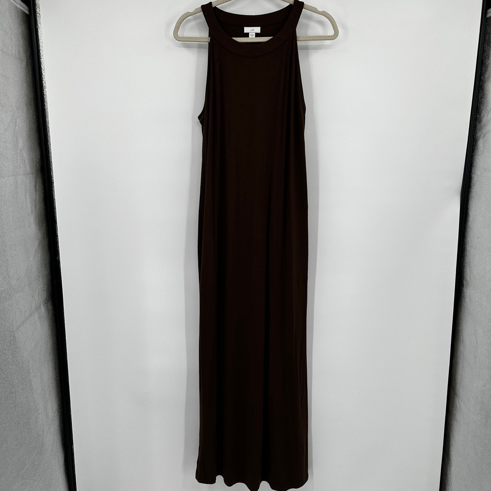 J Jill Brown Sleeveless Halter Maxi Dress Pockets Tall Medium Slub Knit Lounge
